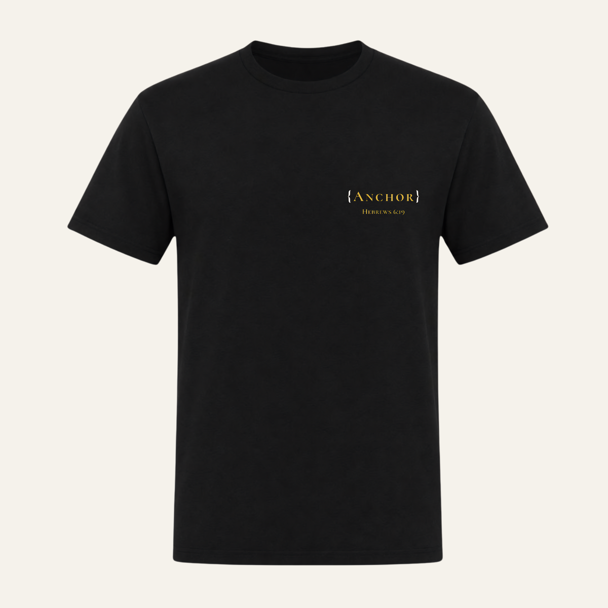 Schwarzer T-Shirt mit goldenem ANCHOR-Schriftzug und Hebräer 6,19 auf der linken Brust