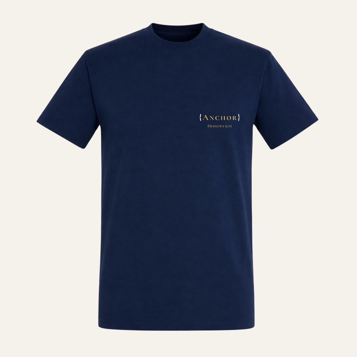 T-Shirt in French Navy mit goldenem ANCHOR-Schriftzug und Hebräer 6,19 auf der linken Brust