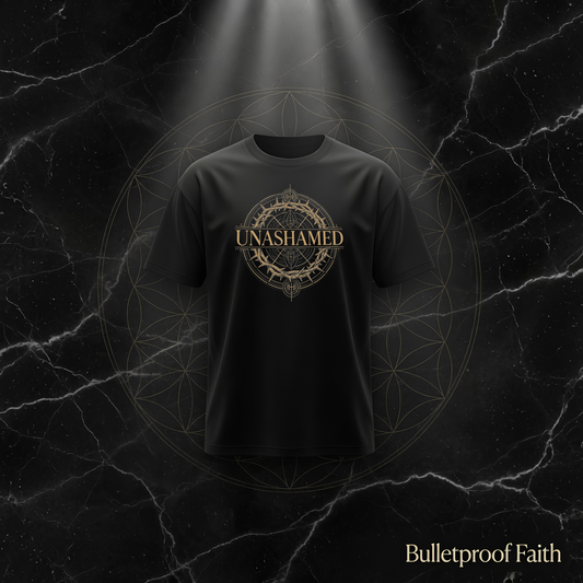 UNASHAMED Circle Premium T-Shirt Black Higher Blanks – goldener kreisförmiger Druck mit Bulletproof Faith Design