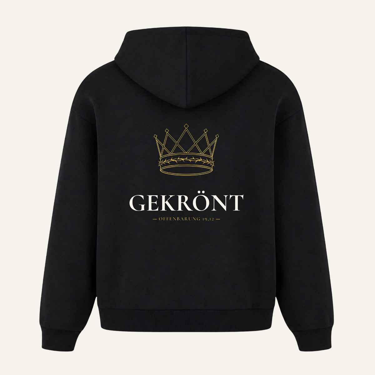 Schwarzer Oversized Hoodie mit goldener Krone und Dornenkranz sowie Schriftzug Gekrönt in Off-White auf dem Rücken, Offenbarung 19,12, Bulletproof Faith