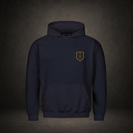 König der Könige – goldene Krone über Schriftzug auf navy färbenden Premium-Hoodie, Crown-Serie von Bulletproof Faith