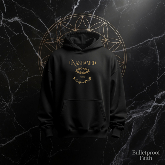 UNASHAMED Oversized Premium Hoodie Natural Raw mit goldener Dornenkrone und Bulletproof Faith Logo – Frontansicht