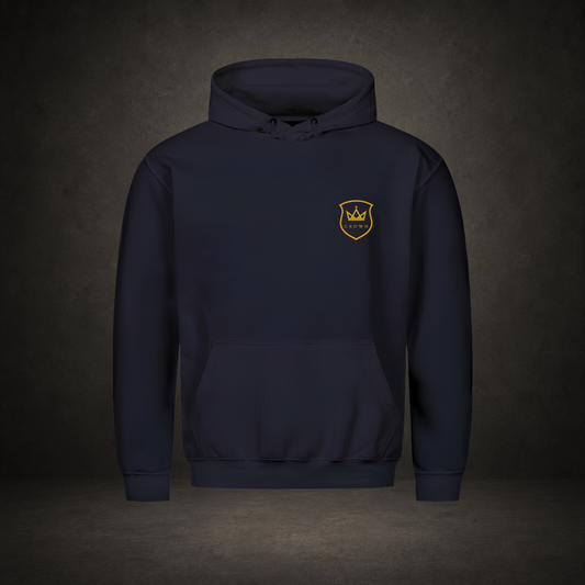 König der Könige – goldene Krone über Schriftzug auf navyfarbenem Premium-Hoodie, Crown-Serie von Bulletproof Faith