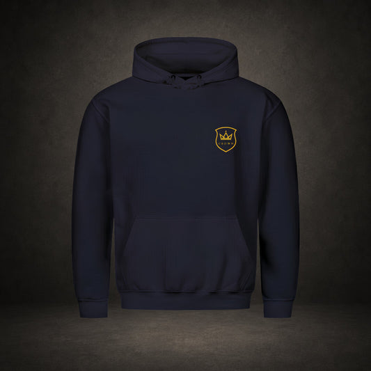König der Könige – goldene Krone über Schriftzug auf navy färbenden Premium-Hoodie, Crown-Serie von Bulletproof Faith