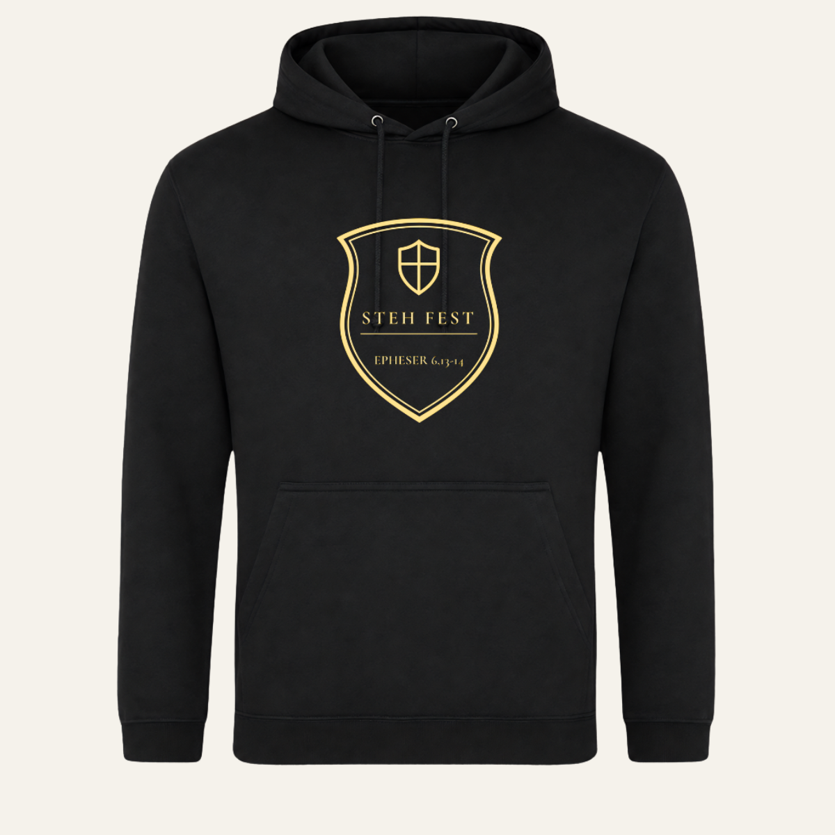 Schwarzer College Hoodie mit goldenem STEH-FEST-Wappen mittig auf der Brust