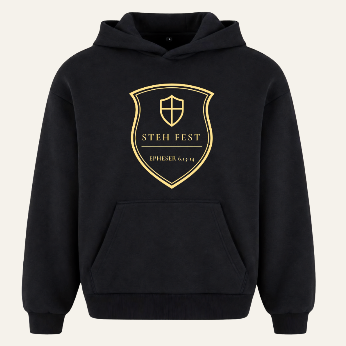 Schwarzer Oversized Hoodie mit goldenem ARMOR-Statement STEH FEST auf der Brust