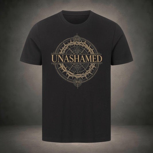 Unashamed – goldenes Emblem mit Dornenkrone, Schriftzug und geometrischem Kreis auf schwarzem T-Shirt, Römer 1,16, Crown-Serie von Bulletproof Faith