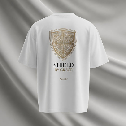 Shield by Grace Oversized T-Shirt mit heraldischem Schild und Psalm 28:7 – Bulletproof Faith
