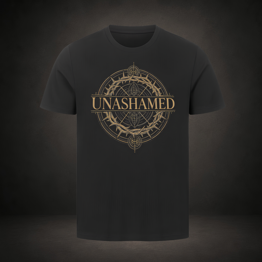 Unashamed – goldenes Emblem mit Dornenkrone, Schriftzug und geometrischem Kreis auf schwarzem T-Shirt, Römer 1,16, Crown-Serie von Bulletproof Faith