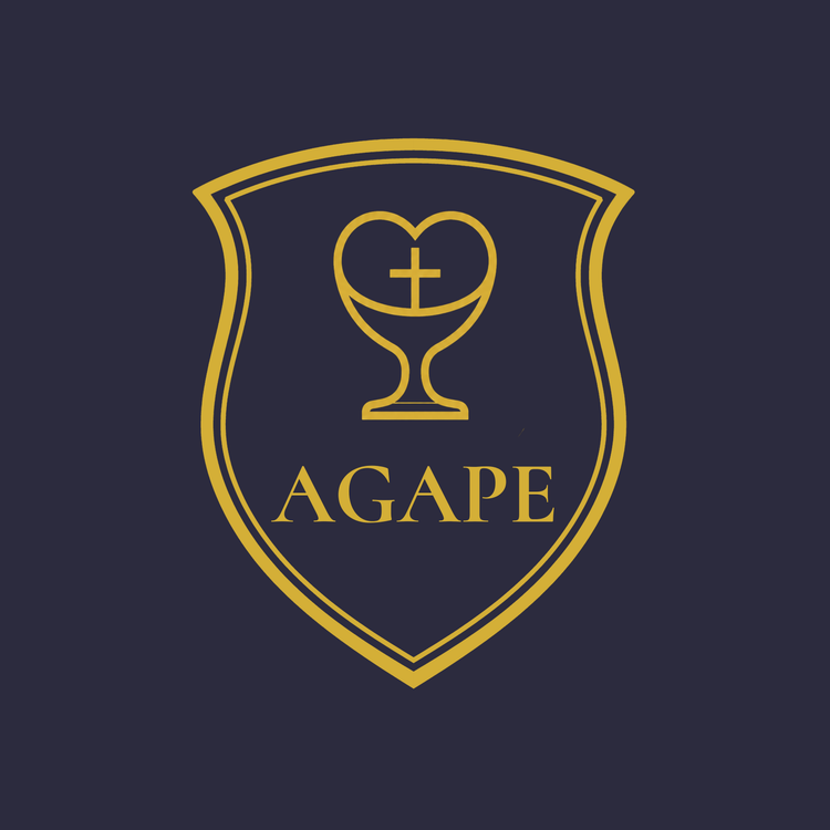 AGAPE-Wappen mit Herz, Kelch und Kreuz in Gold – Symbol empfangener Liebe nach 1. Johannes 4,19, Bulletproof Faith