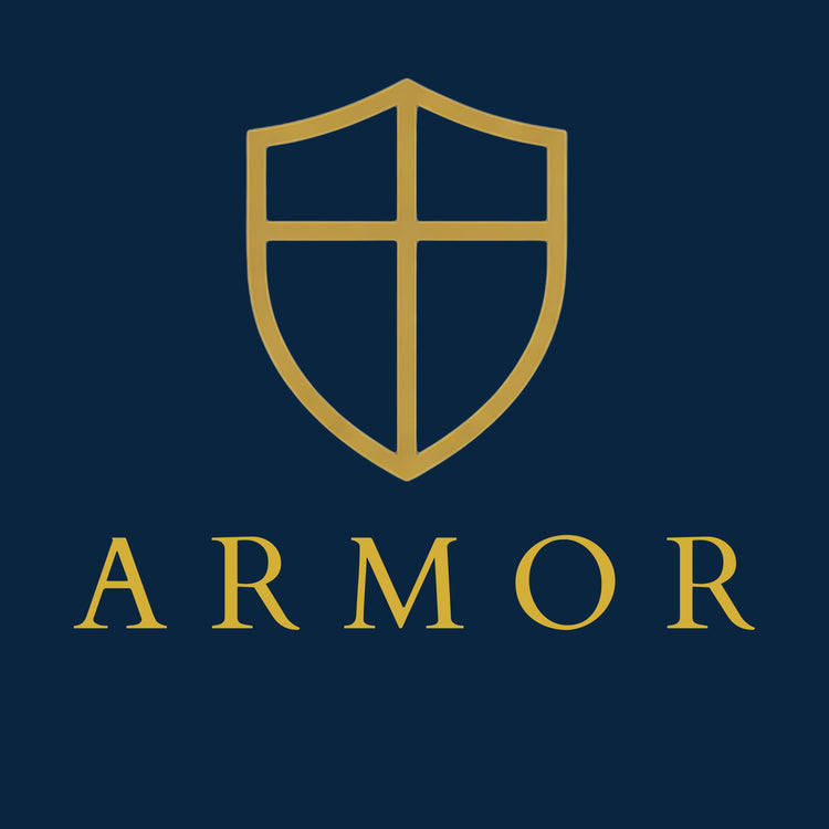 ARMOR-Wappen mit Schild und Kreuz in Gold – Symbol der Waffenrüstung Gottes, Bulletproof Faith