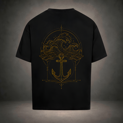 Steadfast Premium Oversized T-Shirt — goldenes Anker-Motiv auf schwarzem Stoff, Rückenansicht
