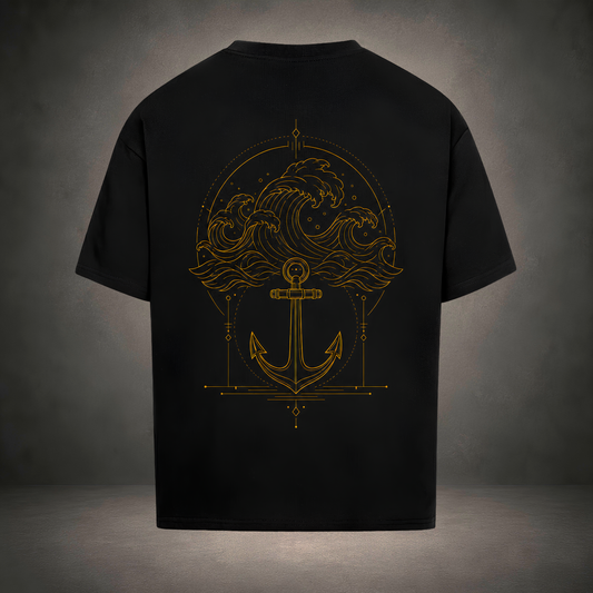 Steadfast Premium Oversized T-Shirt — goldenes Anker-Motiv auf schwarzem Stoff, Rückenansicht