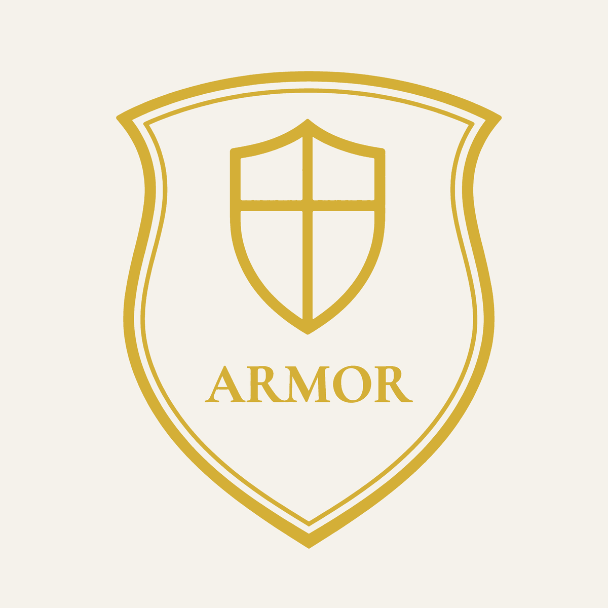Nahaufnahme des goldenen ARMOR-Wappens mit Schild und Kreuz 