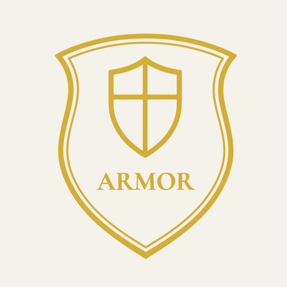 Nahaufnahme des goldenen ARMOR-Wappens mit Schild und Kreuz 