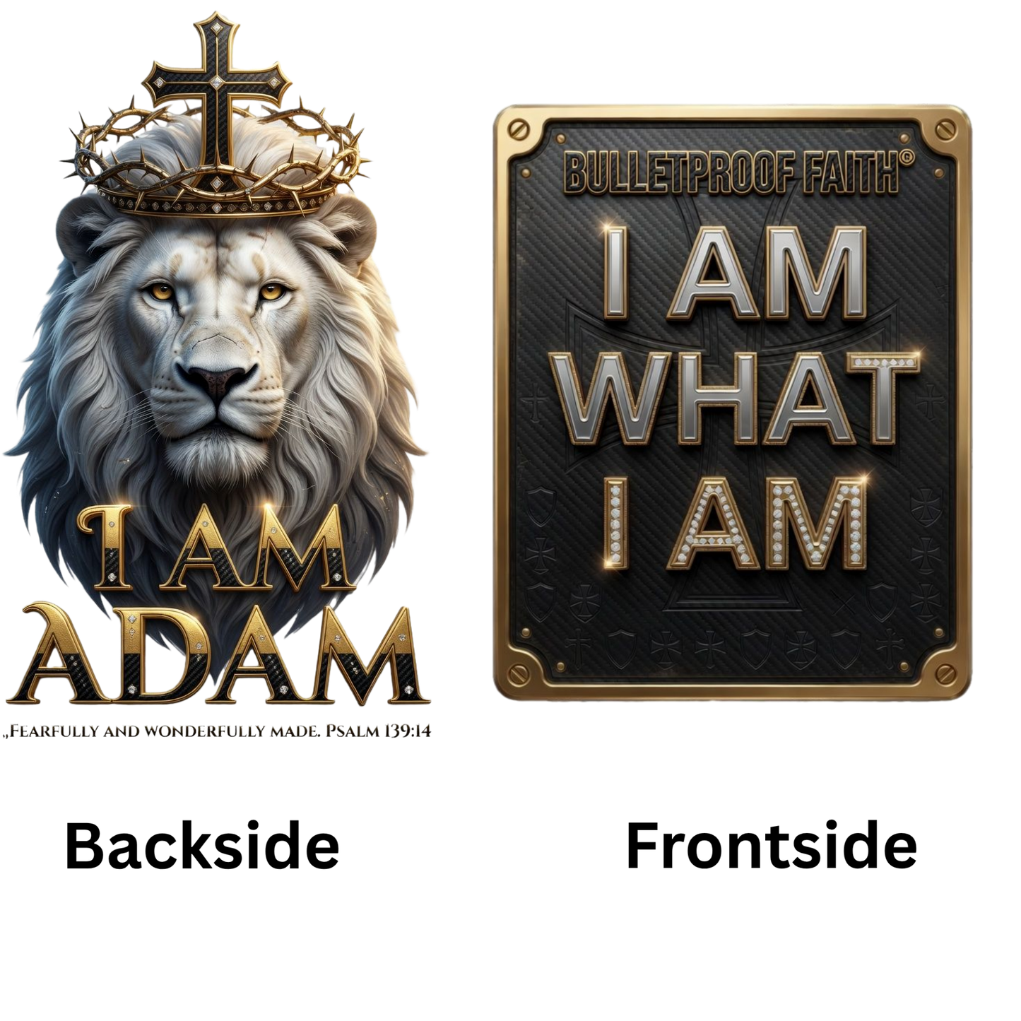 Nahaufnahme des Lion of Judah und I AM WHAT I AM Designs auf dem Premium T-Shirt