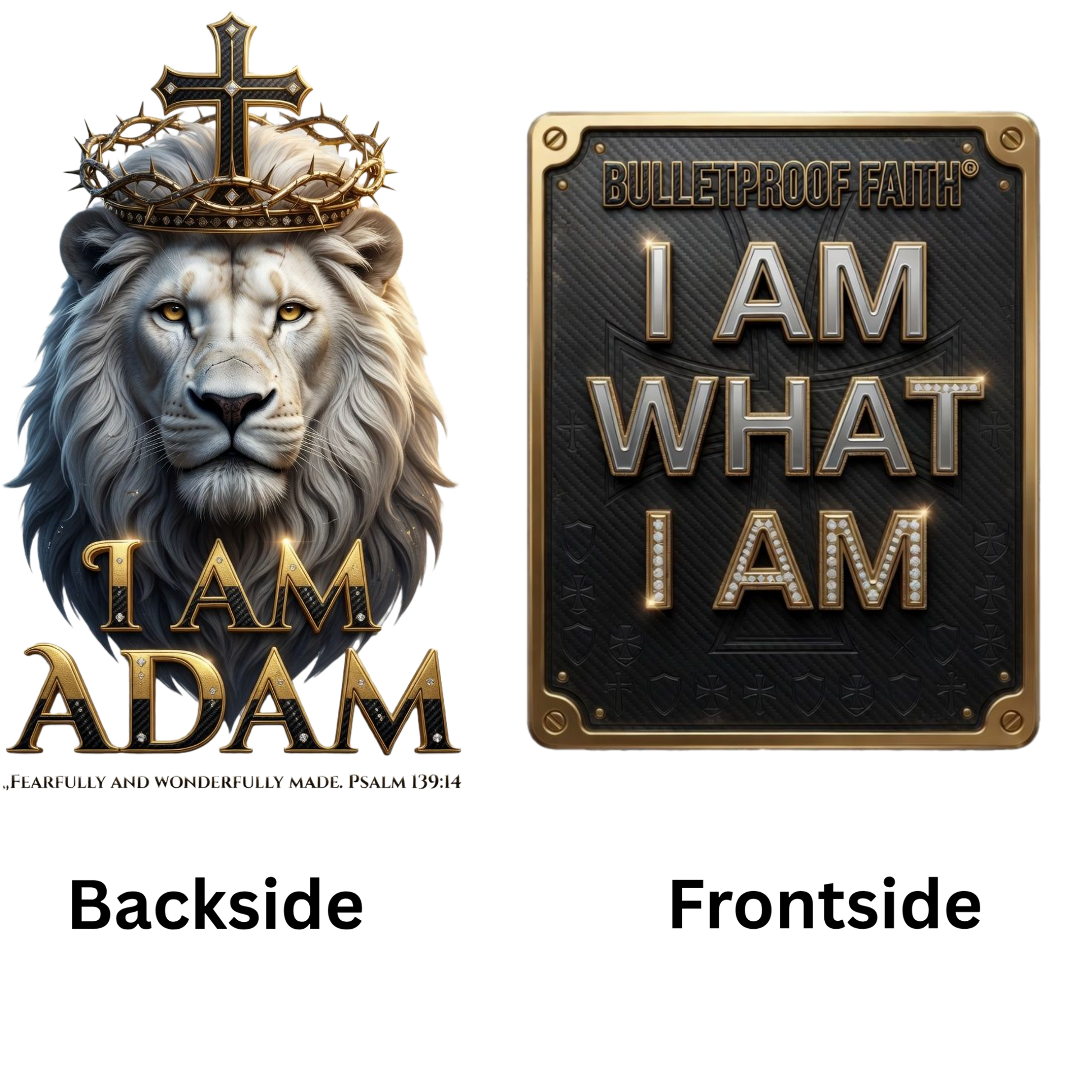 Nahaufnahme des Lion of Judah und I AM WHAT I AM Designs auf dem Premium T-Shirt