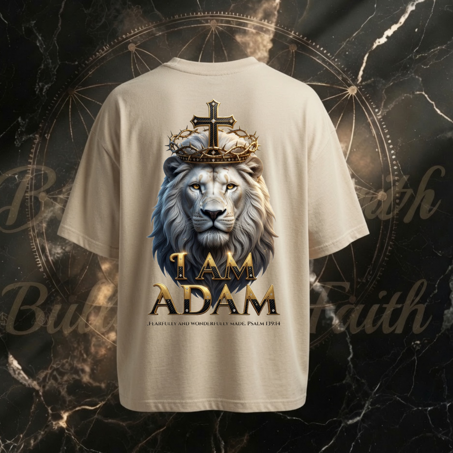 Kraftvoller Lion of Judah Backprint auf dem I AM WHAT I AM T-Shirt