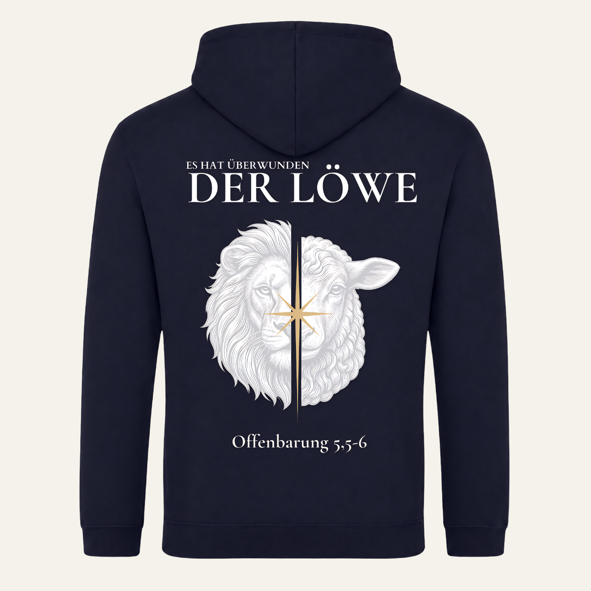 Bulletproof Faith College Hoodie French Navy – Löwe & Lamm Rückendruck in Gold und Off-White, CROWN Linie, Offenbarung 5,6
