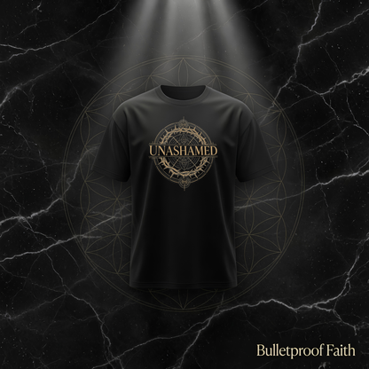 UNASHAMED Circle Premium T-Shirt Black Higher Blanks – goldener kreisförmiger Druck mit Bulletproof Faith Design
