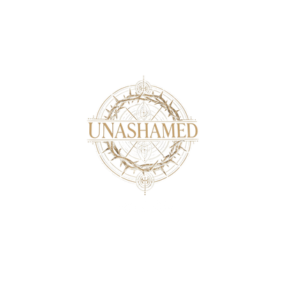 Design „Unashamed" – goldener Schriftzug in Serifentypografie, umrahmt von einer Dornenkrone und einem geometrischen Medaillon, Römer 1,16, Crown-Serie von Bulletproof Faith