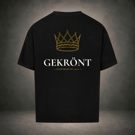 Gekrönt – großer Rückenprint mit goldener Königskrone und Dornenband auf schwarzem Oversized-T-Shirt, Offenbarung 19,12, Crown-Serie von Bulletproof Faith