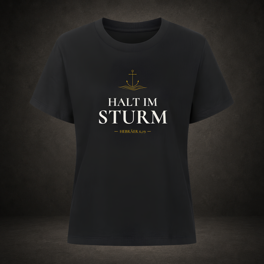 Halt im Sturm – Anker-Wappen in Gold auf dunklem Damen-Jersey-Shirt, Anchor-Serie von Bulletproof Faith