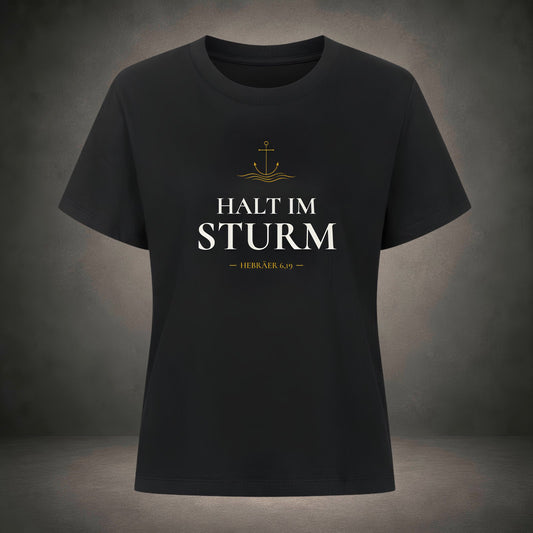 Halt im Sturm – Anker-Wappen in Gold auf dunklem Damen-Jersey-Shirt, Anchor-Serie von Bulletproof Faith