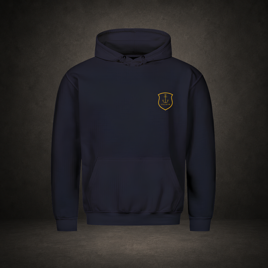  Hope Anchor – goldenes Anker-Siegel auf navyfarbenem Premium-Hoodie, Anchor-Serie von Bulletproof Faith