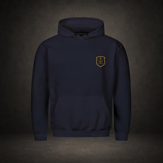  Hope Anchor – goldenes Anker-Siegel auf navyfarbenem Premium-Hoodie, Anchor-Serie von Bulletproof Faith