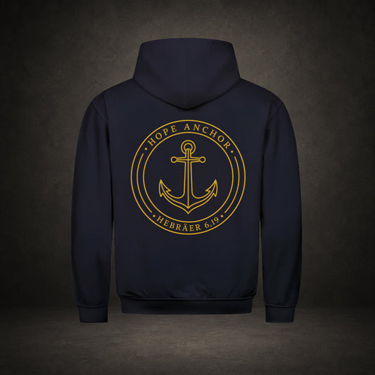 Hope Anchor – großer Rückenprint mit goldenem Anker-Siegel auf navyfarbenem Premium-Hoodie, Hebräer 6,19, Anchor-Serie von Bulletproof Faith