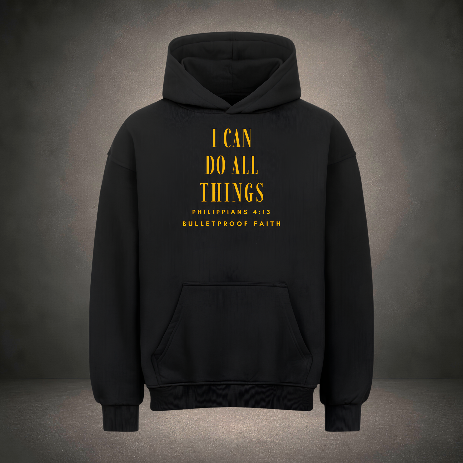 I Can Do All Things Premium Oversized Hoodie in Schwarz, Frontansicht mit Gold-Print Philipper 4,13