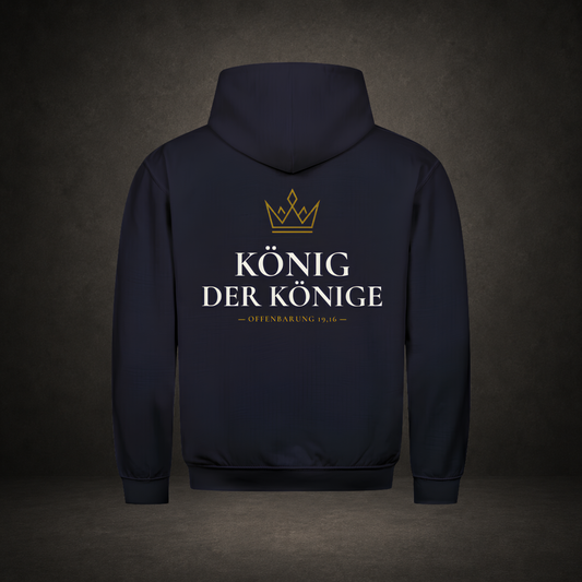 König der Könige – großer Rückenprint mit goldener Krone über Schriftzug auf navyfarbenem Premium-Hoodie, Offenbarung 19,16, Crown-Serie von Bulletproof Faith