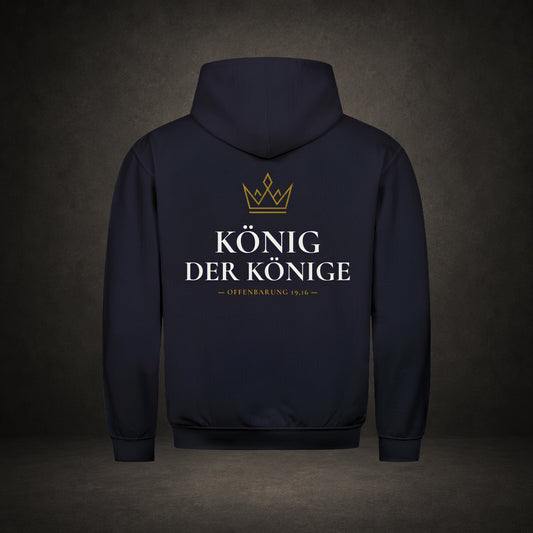 König der Könige – großer Rückenprint mit goldener Krone über Schriftzug auf navy färbenden Premium-Hoodie, Offenbarung 19,16, Crown-Serie von Bulletproof Faith