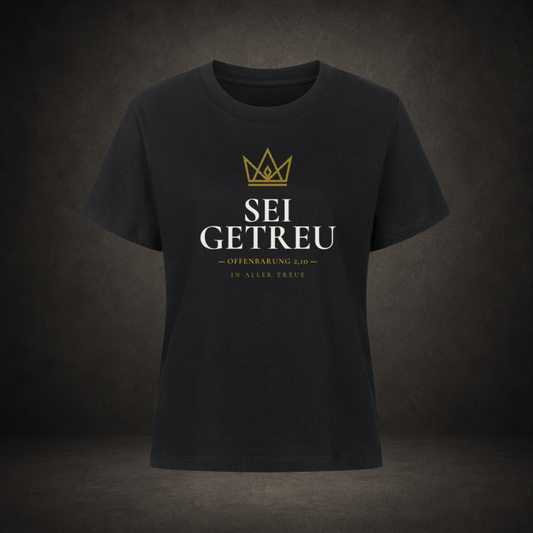 Sei getreu – Krone in Gold mit Schriftzug auf schwarzem Damen-Jersey-Shirt, Crown-Serie von Bulletproof Faith