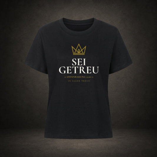 Sei getreu – Krone in Gold mit Schriftzug auf schwarzem Damen-Jersey-Shirt, Crown-Serie von Bulletproof Faith