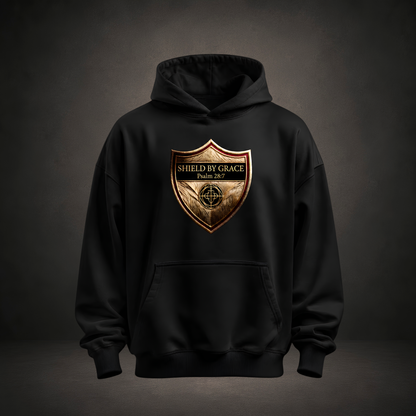 Shield by Grace Premium Oversized Hoodie in Schwarz, Frontansicht mit Schild-Emblem