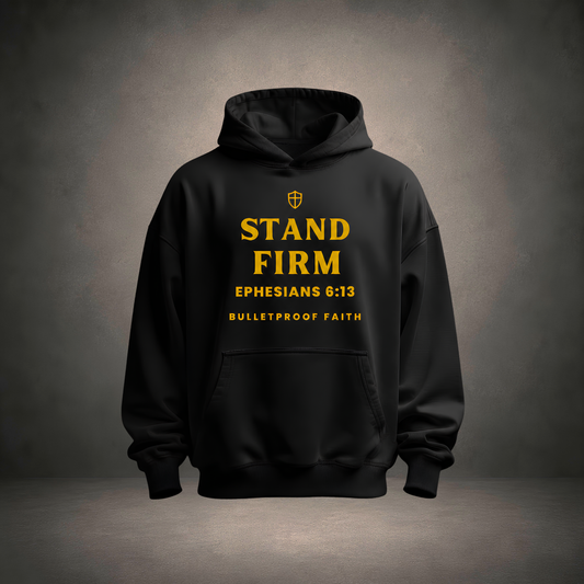 Stand Firm Hoodie in Schwarz, Frontansicht mit Gold-Schriftzug Epheser 6,13