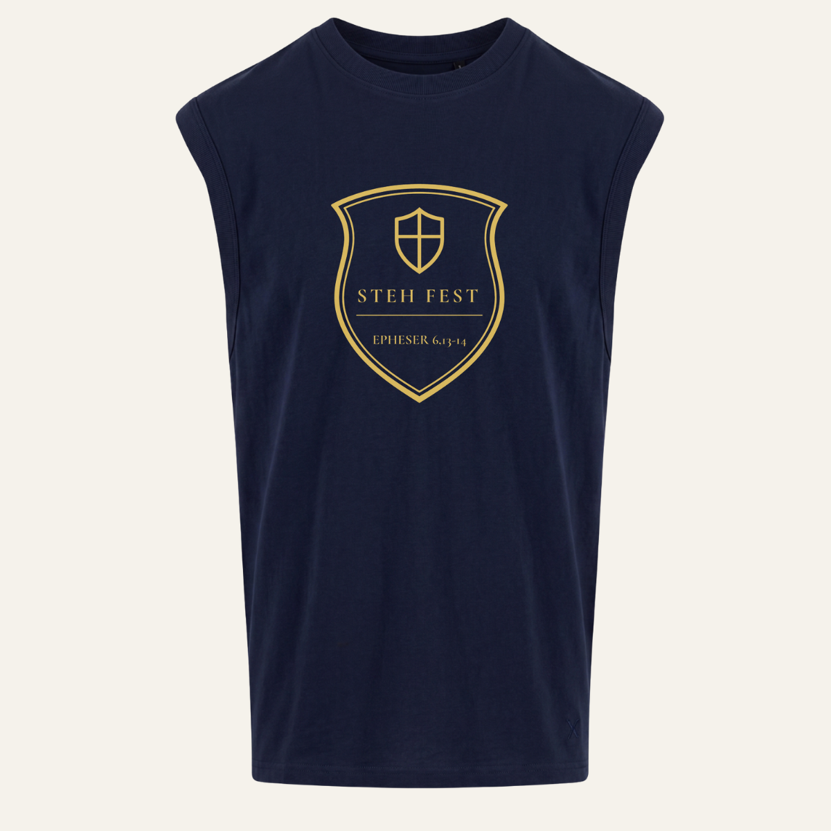 ärmelloses Shirt in French Navy mit goldenem STEH-FEST-Wappen mittig auf der Brust