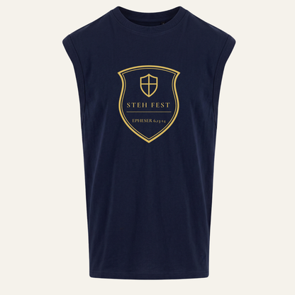 ärmelloses Shirt in French Navy mit goldenem STEH-FEST-Wappen mittig auf der Brust