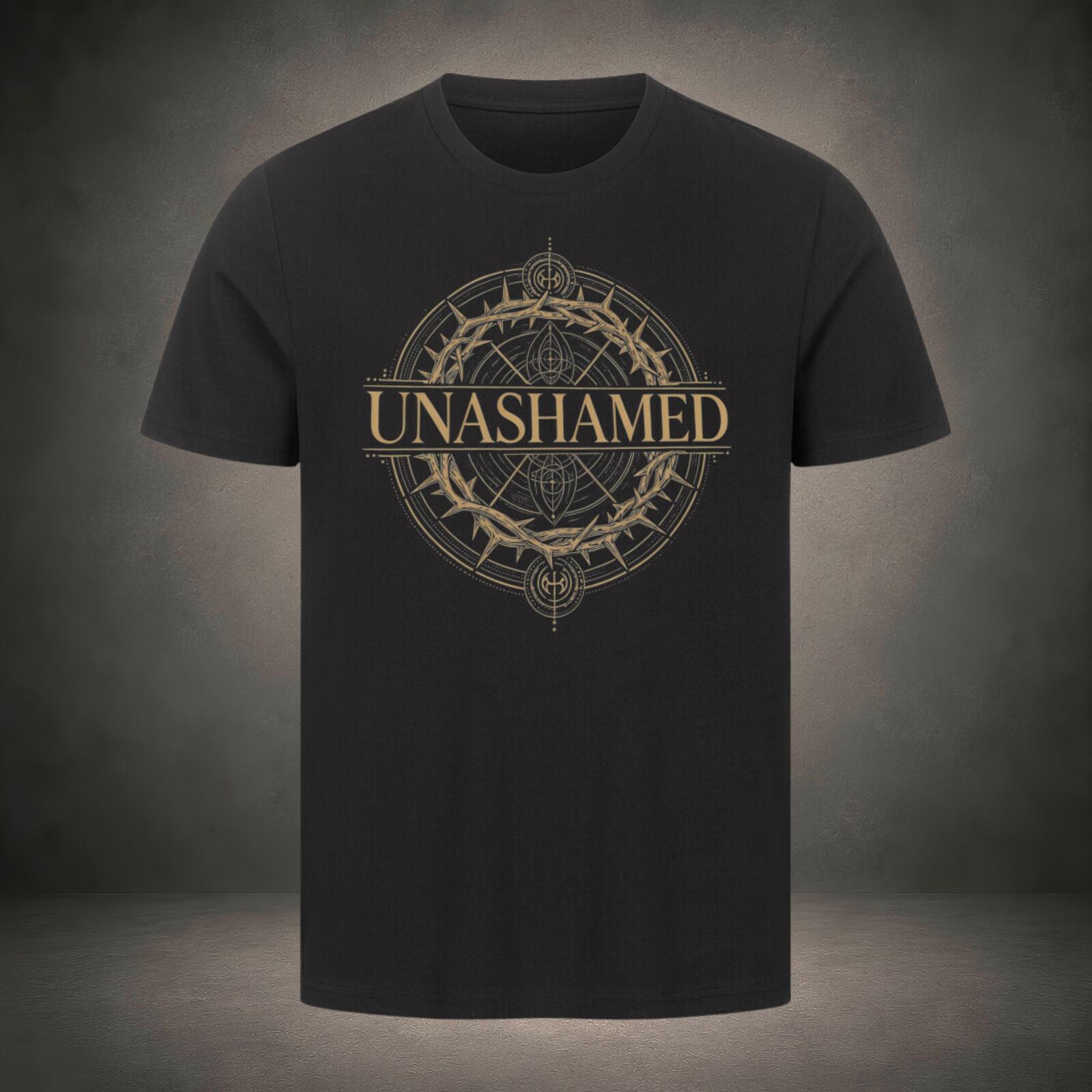 Unashamed – goldenes Emblem mit Dornenkrone, Schriftzug und geometrischem Kreis auf schwarzem T-Shirt, Römer 1,16, Crown-Serie von Bulletproof Faith