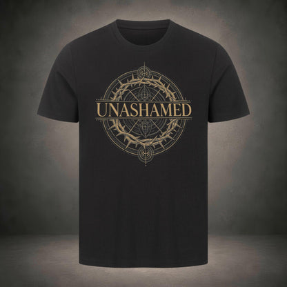 Unashamed – goldenes Emblem mit Dornenkrone, Schriftzug und geometrischem Kreis auf schwarzem T-Shirt, Römer 1,16, Crown-Serie von Bulletproof Faith