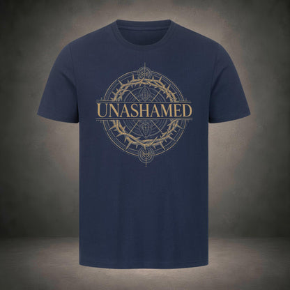 Unashamed – goldenes Emblem mit Dornenkrone, Schriftzug und geometrischem Kreis auf schwarzem T-Shirt, Römer 1,16, Crown-Serie von Bulletproof Faith