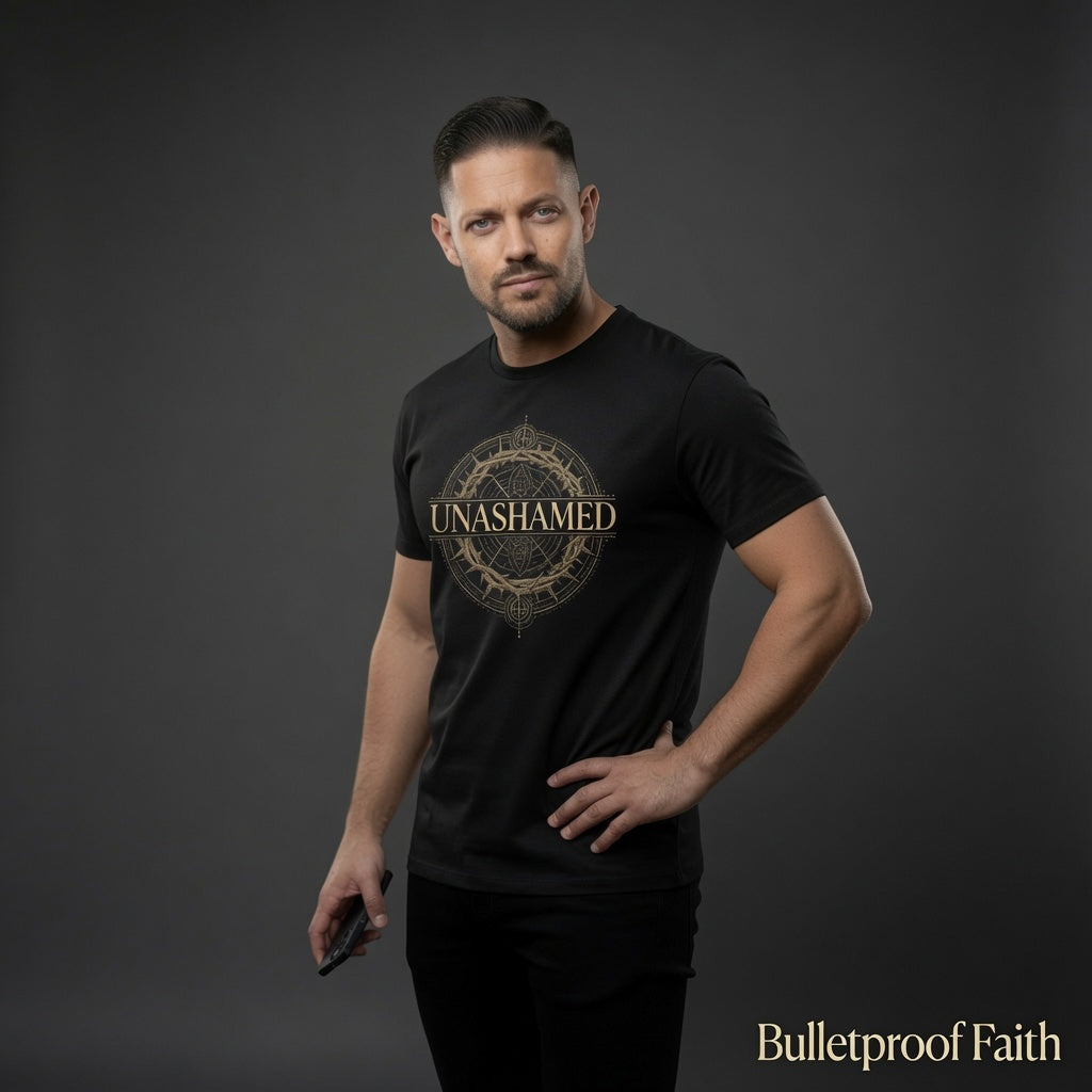 Model trägt UNASHAMED Circle Oversized Premium T-Shirt Black – christlicher Streetwear Look