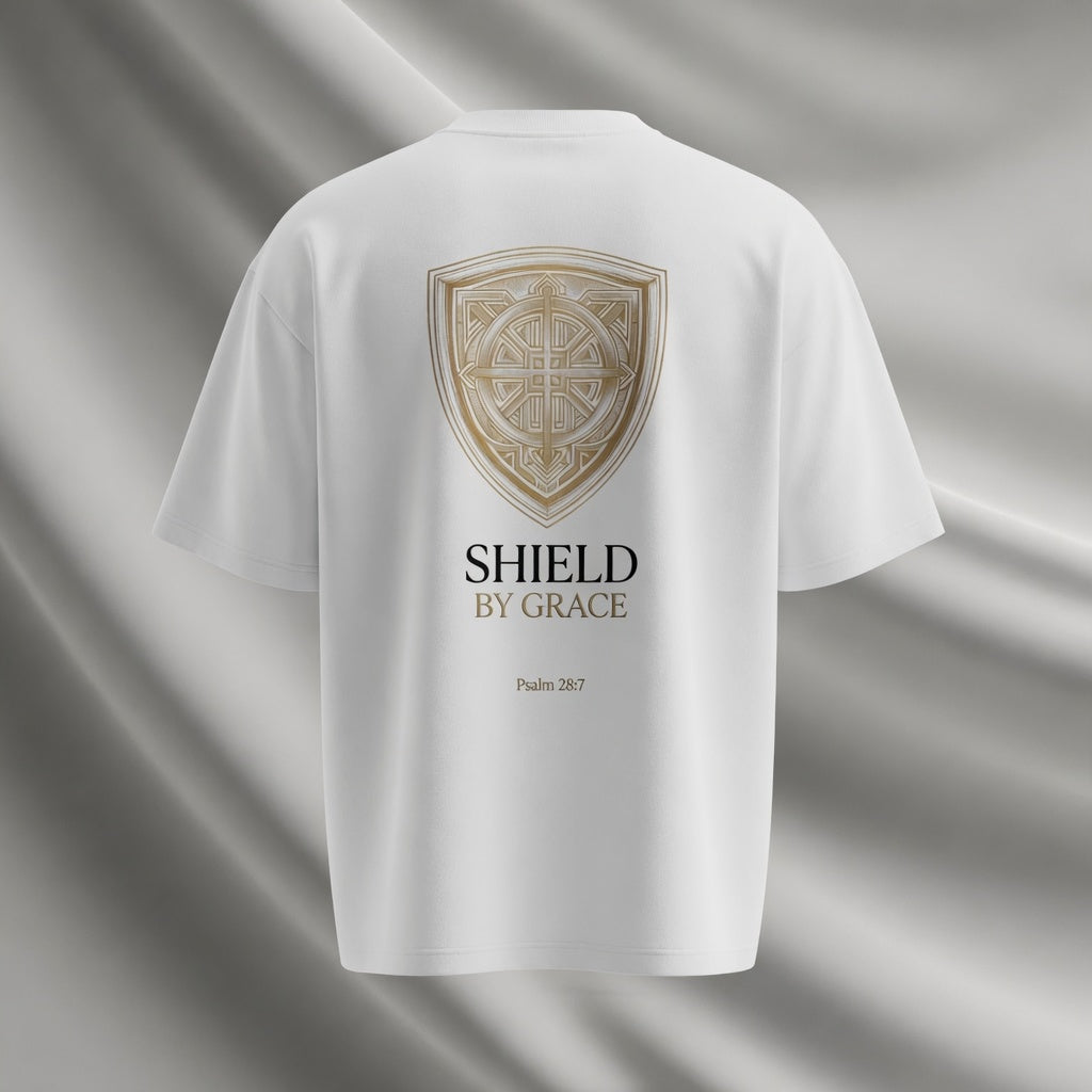 Shield by Grace Oversized T-Shirt mit heraldischem Schild und Psalm 28:7 – Bulletproof Faith