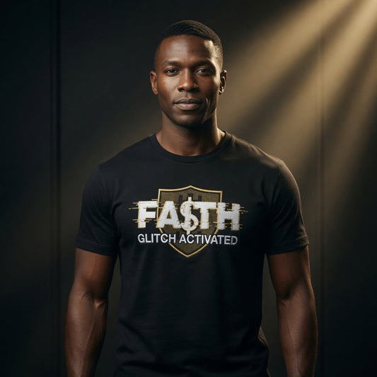 Junger Mann trägt das FAITH GLITCH ACTIVATED Higher Blanks Premium T-Shirt – modernes Faith-Statement