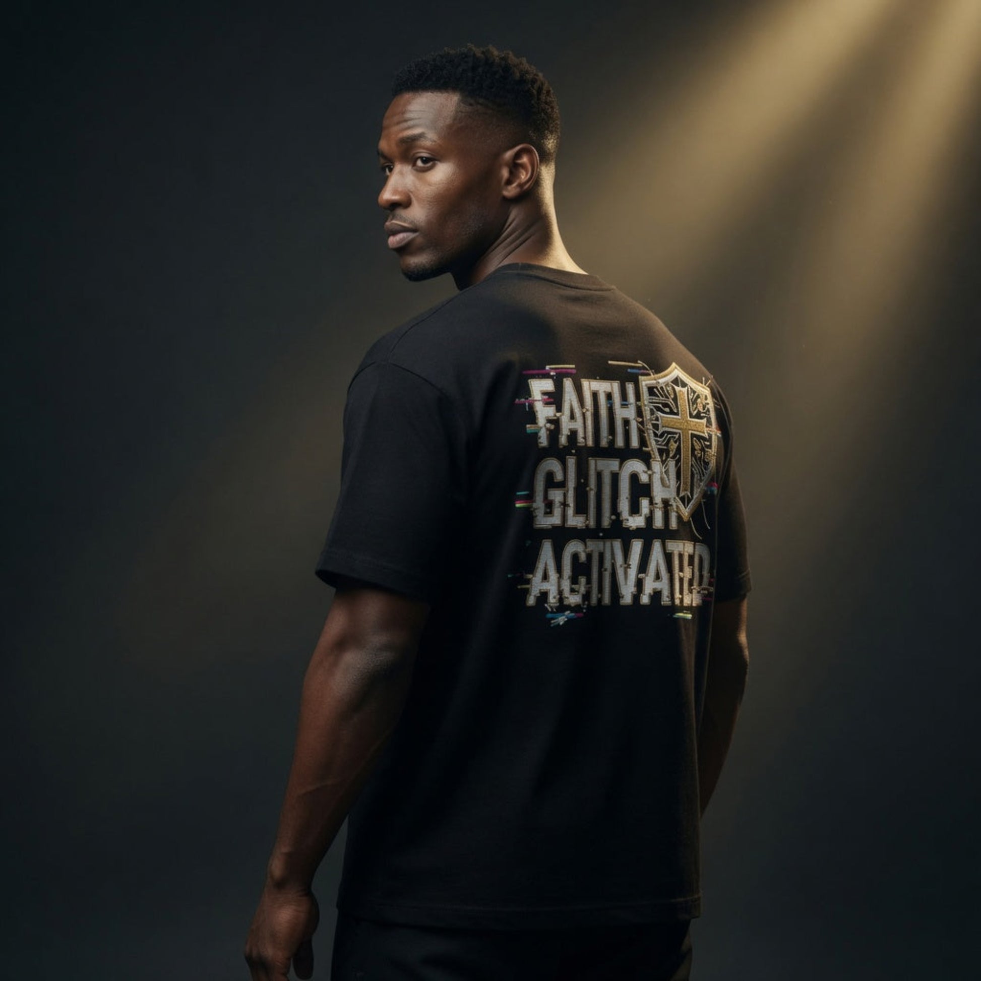 Kraftvoller Backprint des FAITH GLITCH ACTIVATED Higher Blanks T-Shirts mit großem glitchigem Schriftzug