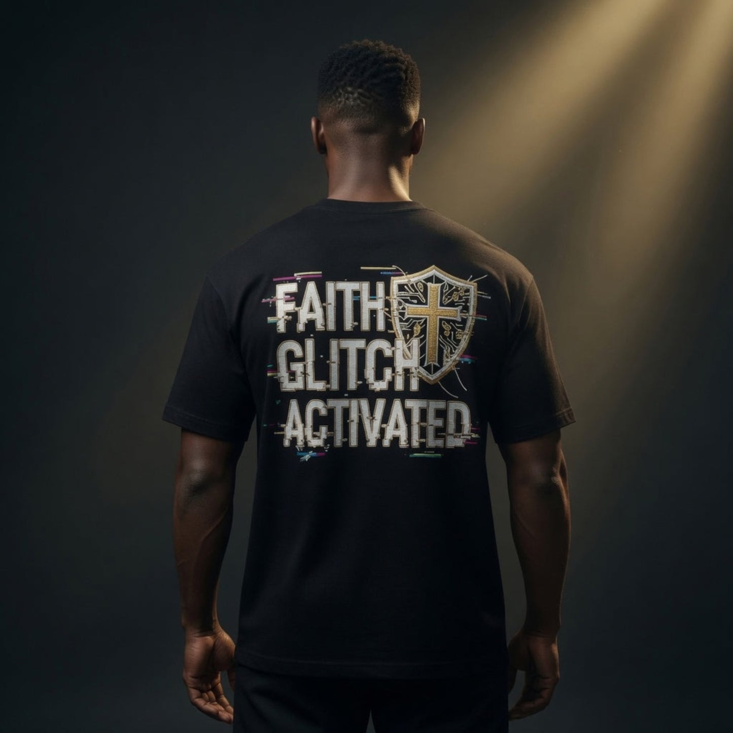 Junger Mann trägt das FAITH GLITCH ACTIVATED Higher Blanks Premium T-Shirt – modernes Faith-Statement Streetwear
