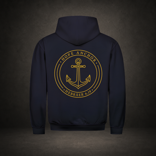 Hope Anchor – großer Rückenprint mit goldenem Anker-Siegel auf navyfarbenem Premium-Hoodie, Hebräer 6,19, Anchor-Serie von Bulletproof Faith