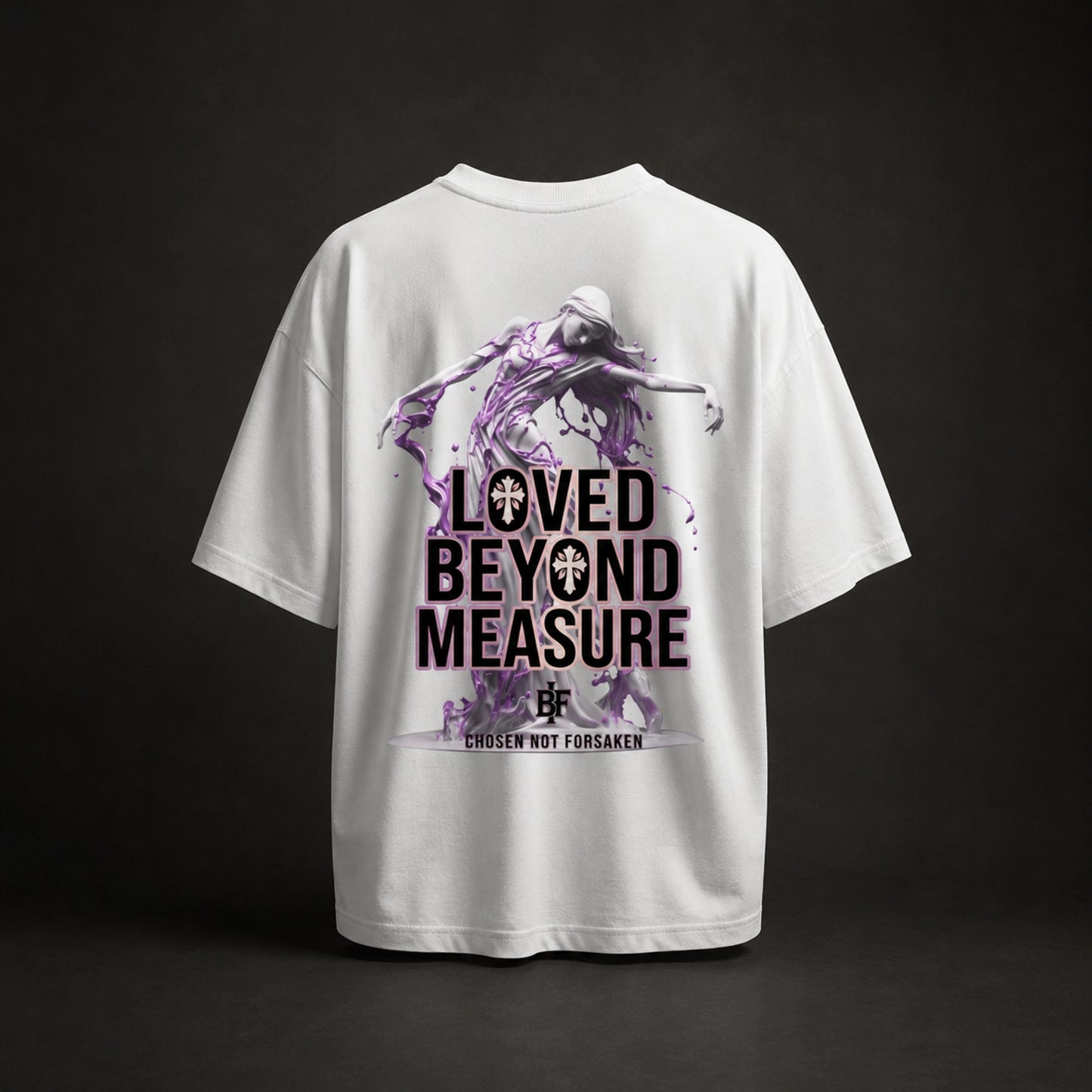 Loved Beyond Measure Premium Oversized Tee in Weiss, Rueckansicht mit Print